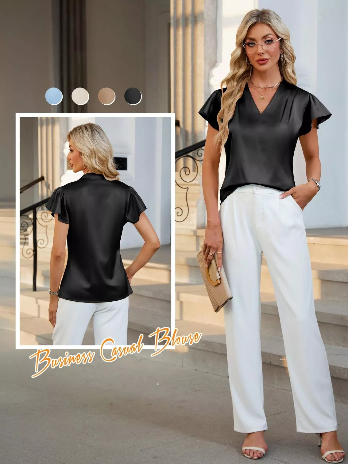 Satin V-Neck Flutter Sleeve Blouse 