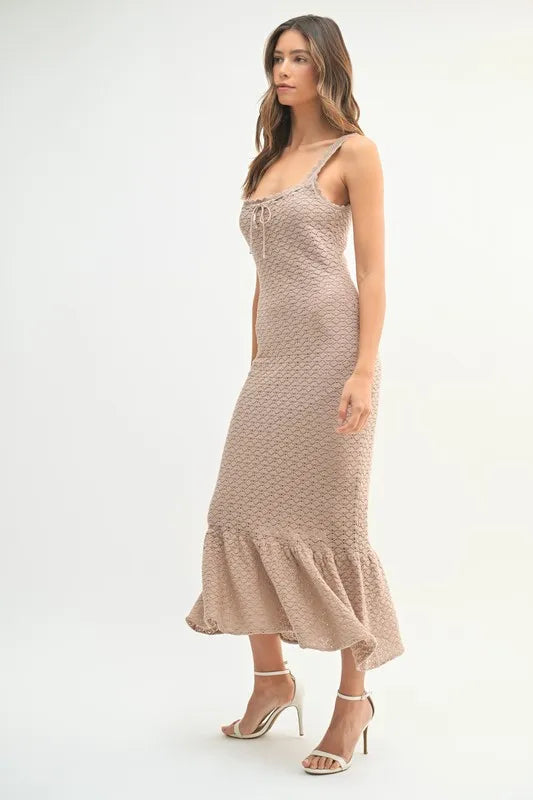 MABLE Ruffled Hem Sleeveless Crochet Knit Midi Dress 
