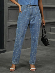 Pearl Detail Straight Jeans with Pockets 