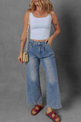 High-Waist Wide Leg Pleated Denim Jeans 