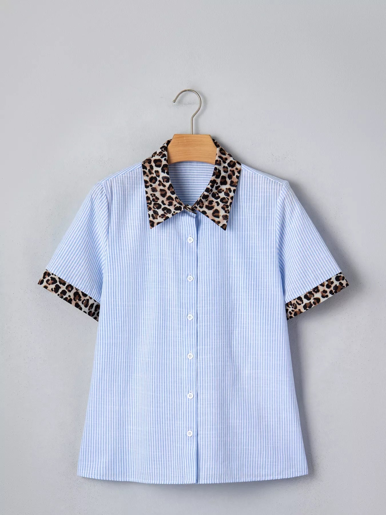 Stripe Leopard Contrast Collar Short Sleeve Shirt 