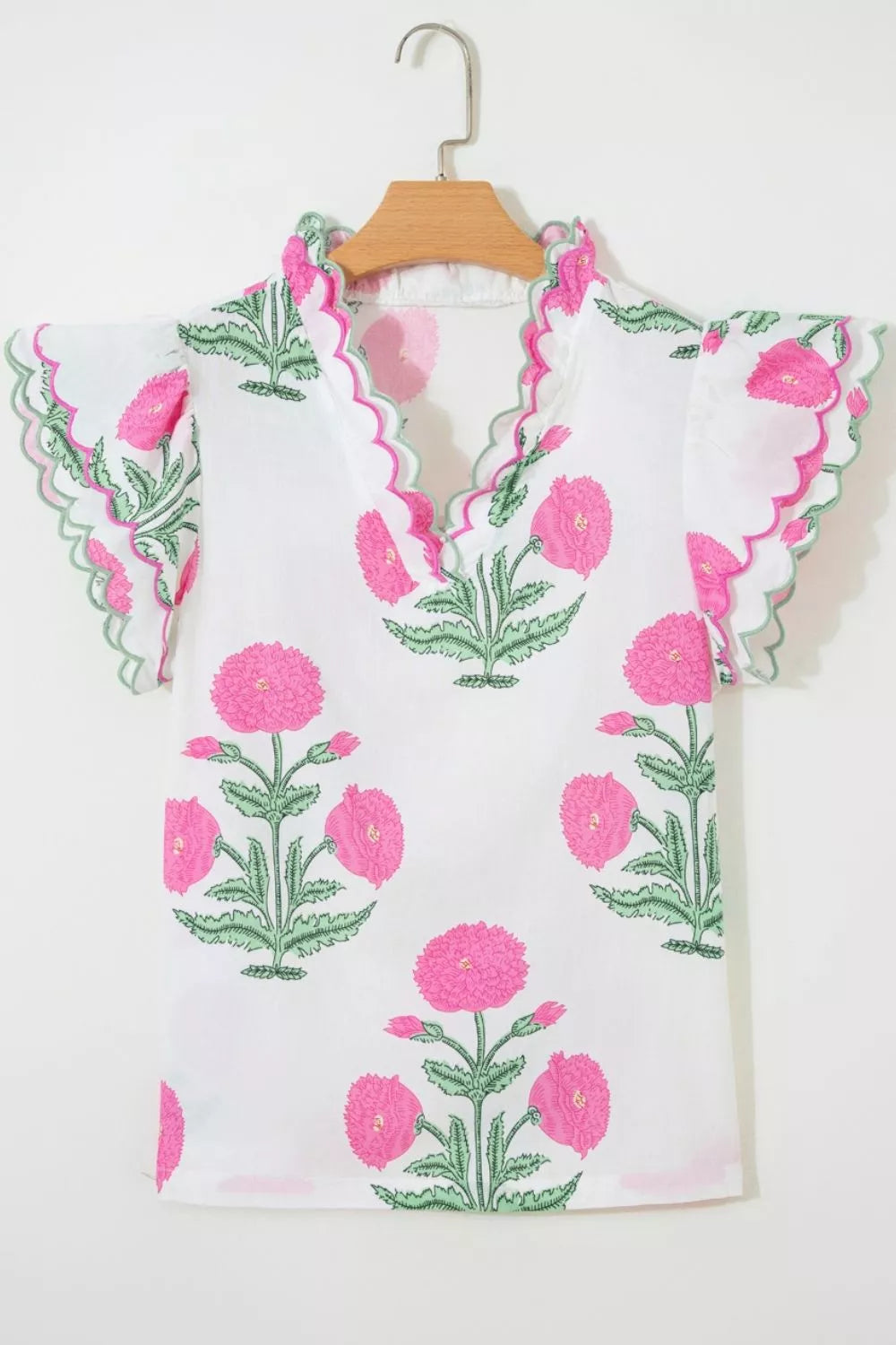 Contrast Scallop Trim Layered Short Sleeve V Neck Blouse 