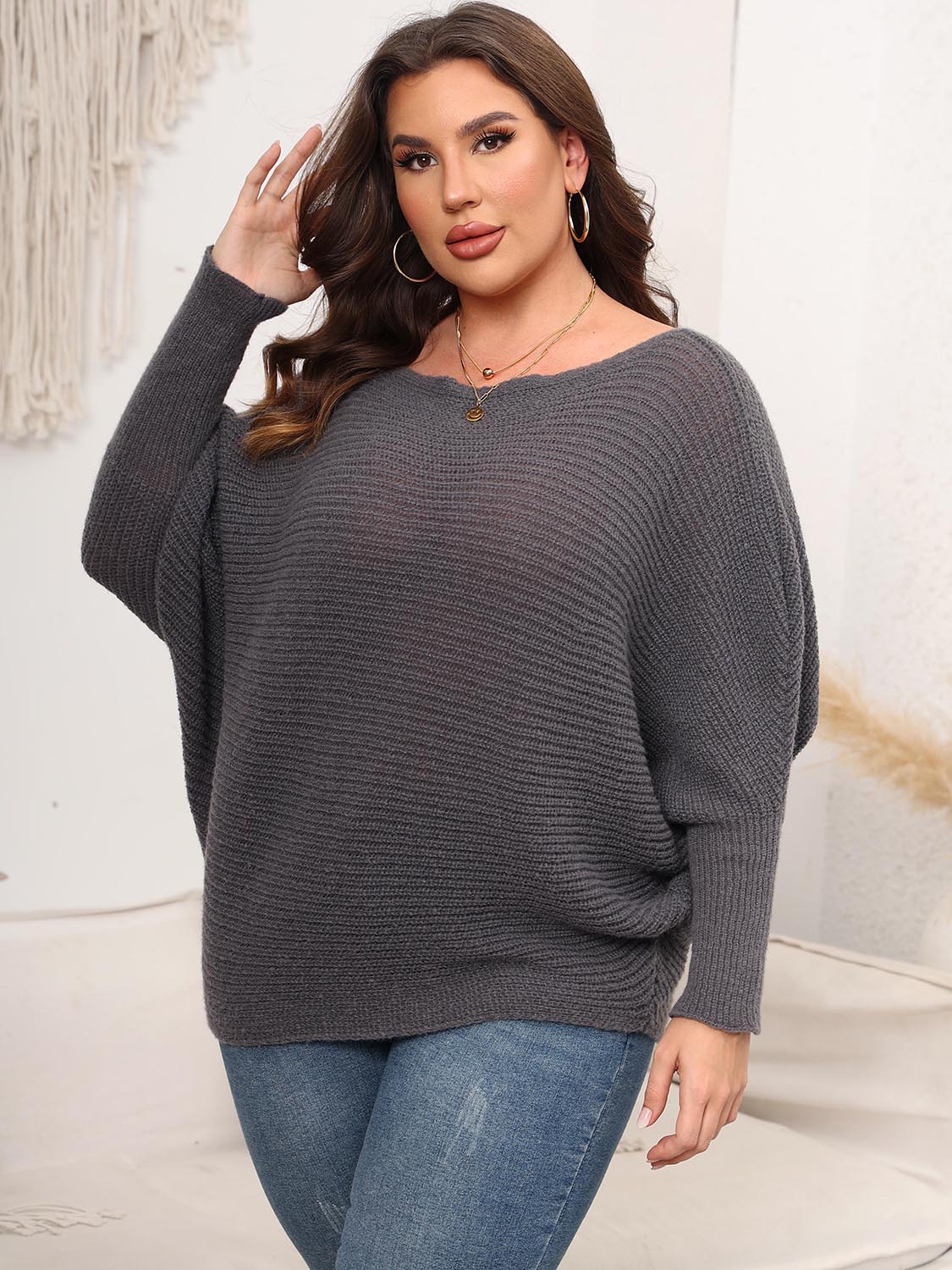 Full Size Boat Neck Batwing Sleeve Sweater 
