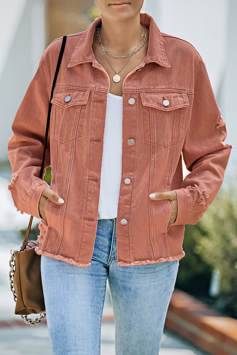 Distressed Raw Hem Denim Jacket 