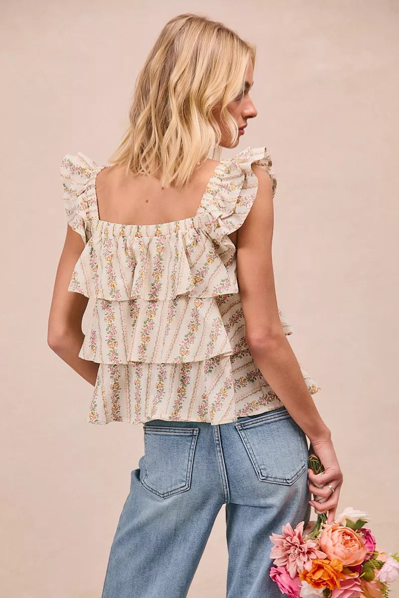 BiBi Floral Printed Woven Front Bow Tied Ruffled Square Neck Sleeveless Top 