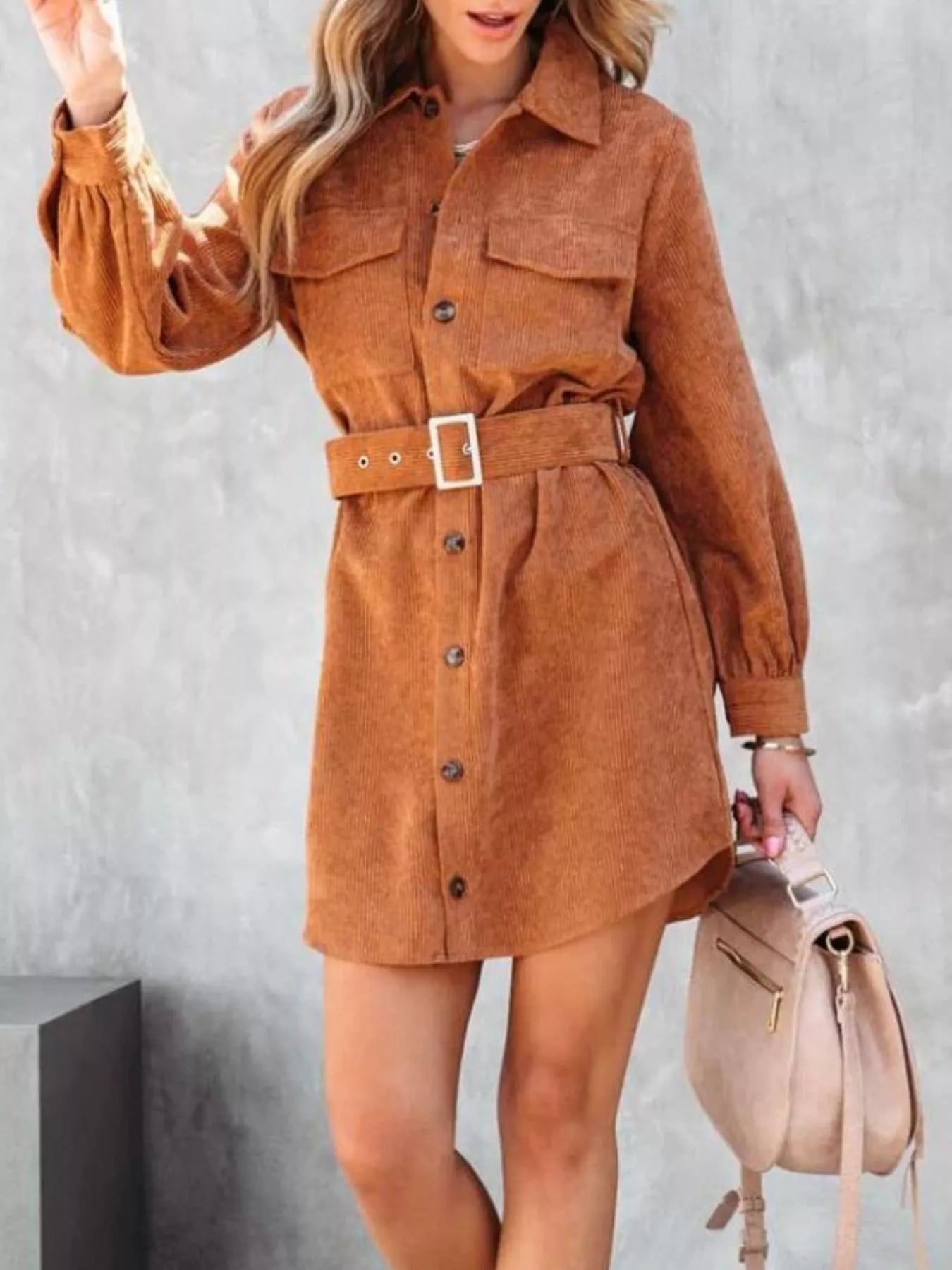 Button Front Belt Long Sleeve Corduroy Dress 