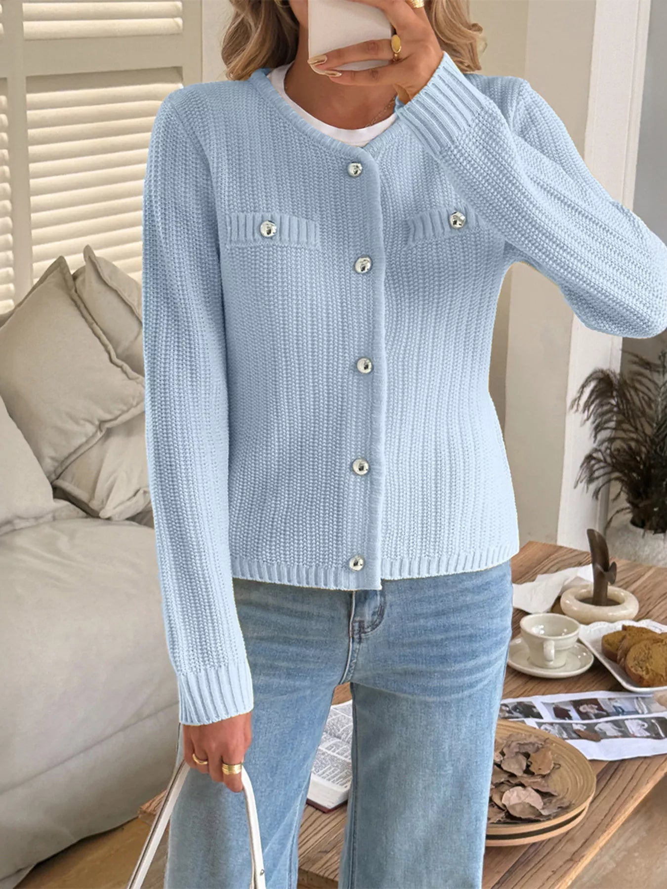 Button-Front Ribbed Long Sleeve Cardigan 