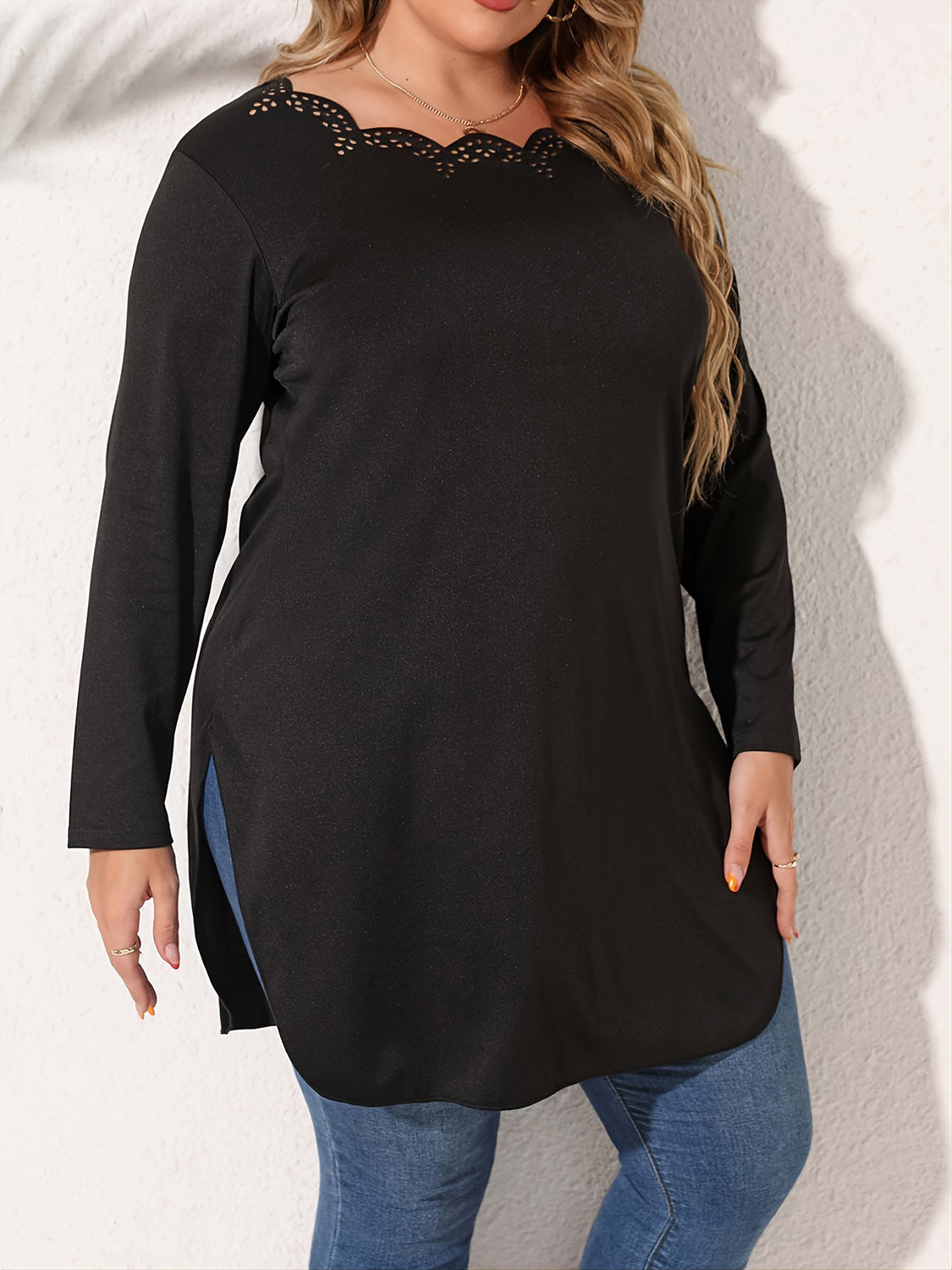 Plus Size Slit Long Sleeve T-Shirt 