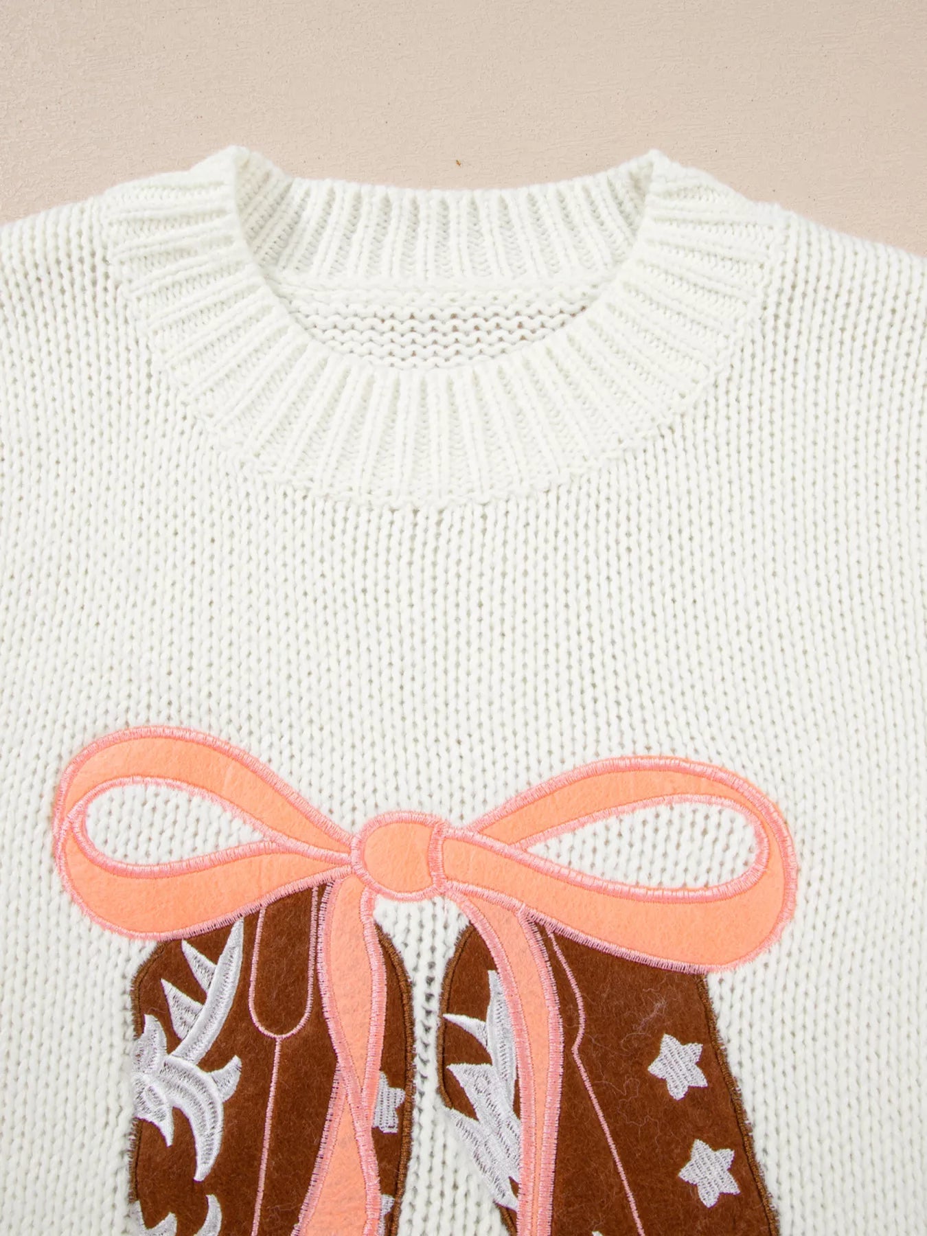 Embroidered Bow Boots Graphic Drop Shoulder Sweater 