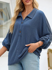 Oversized Twist Ribbed Collared Henley Top with Roll Up Sleeve 