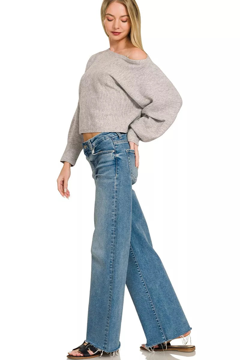 Zenana Boat Neck Balloon Sleeve Sweater 