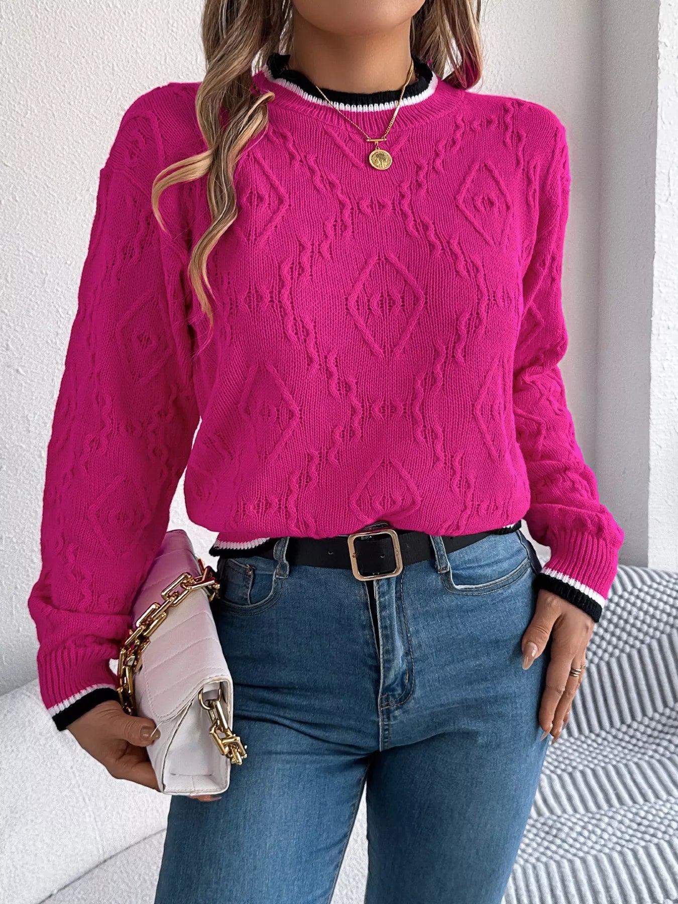 Contrast Trim Round Neck Sweater 