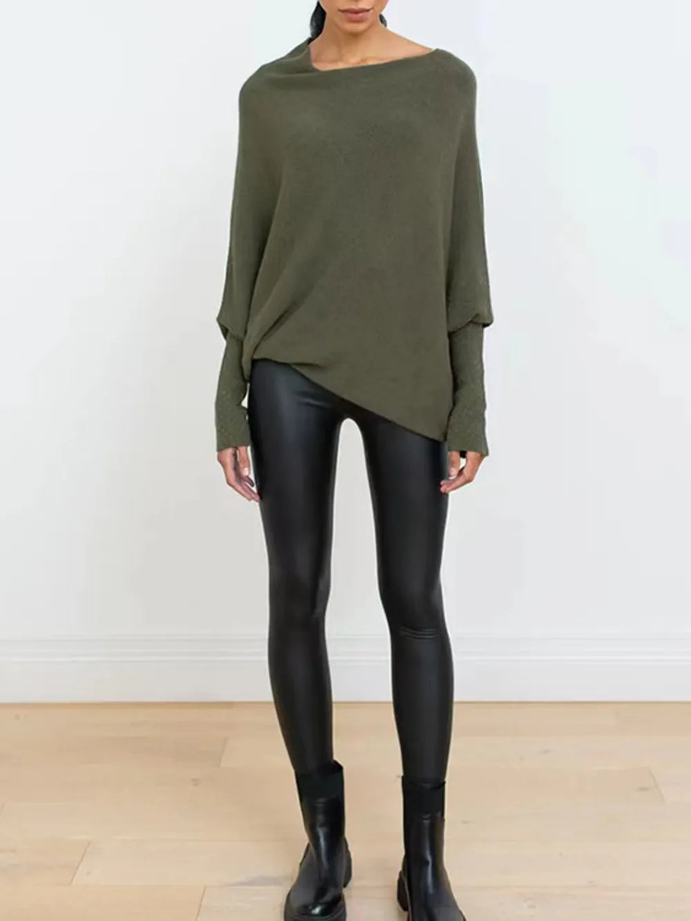 Full Size Boat Neck Batwing Sleeve Knit Top 