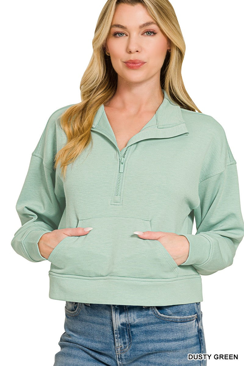 Zenana Scuba Half Zip Pullover With Kangaroo Pockets 