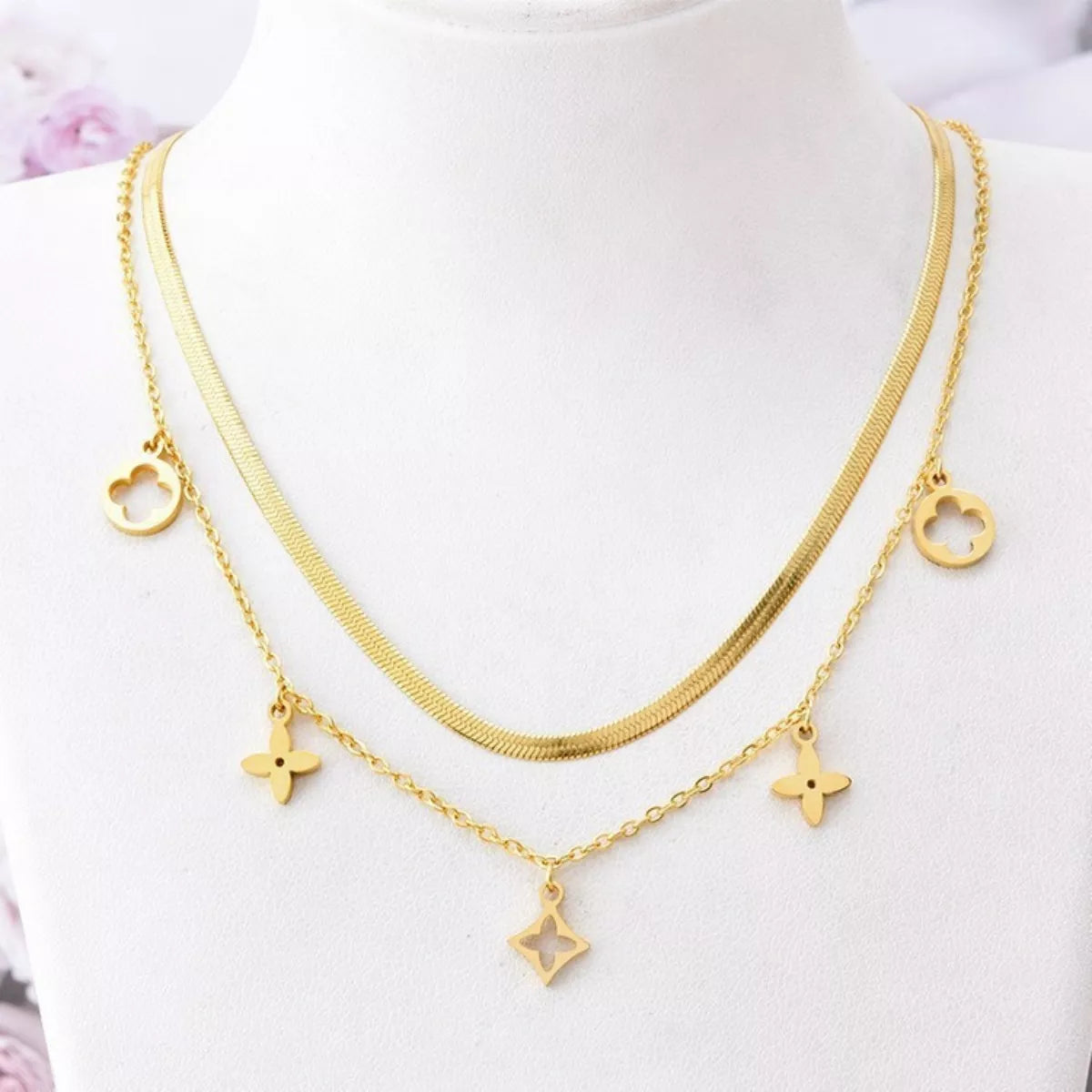 18K Gold-Plated Double Layered Charm Necklace 