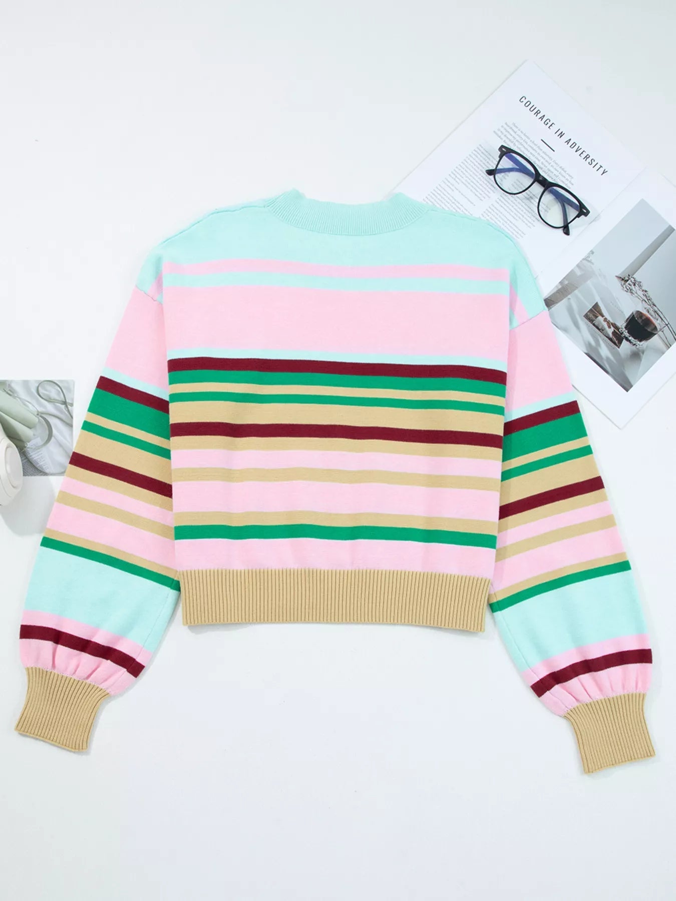 Multicolour Striped Knit Ribbed Trim Boxy Fit Cropped Sweater 