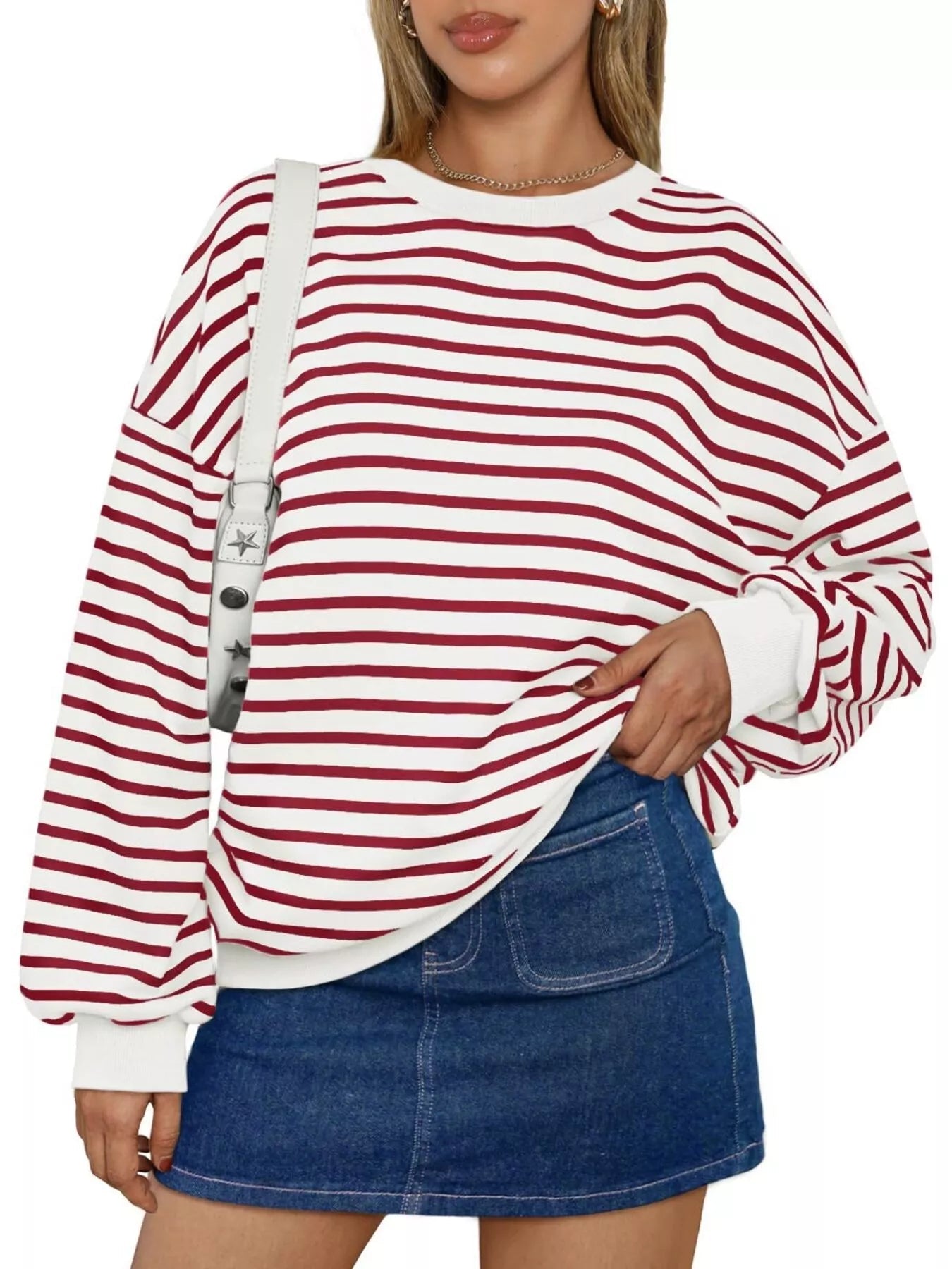 Striped Round Neck Oversized Casual Sweatshirt 