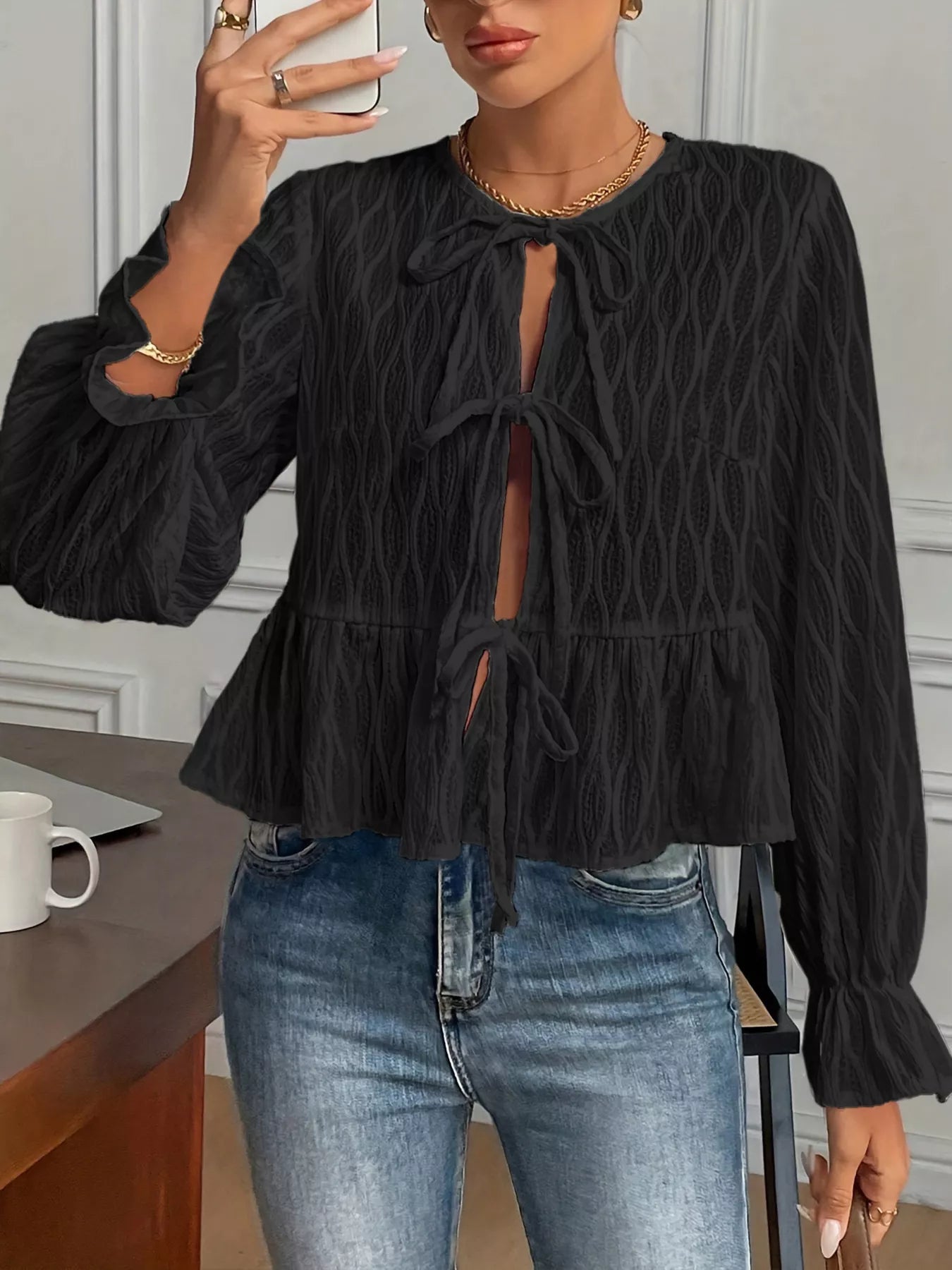 Tie Front Flounce Sleeve Blouse 