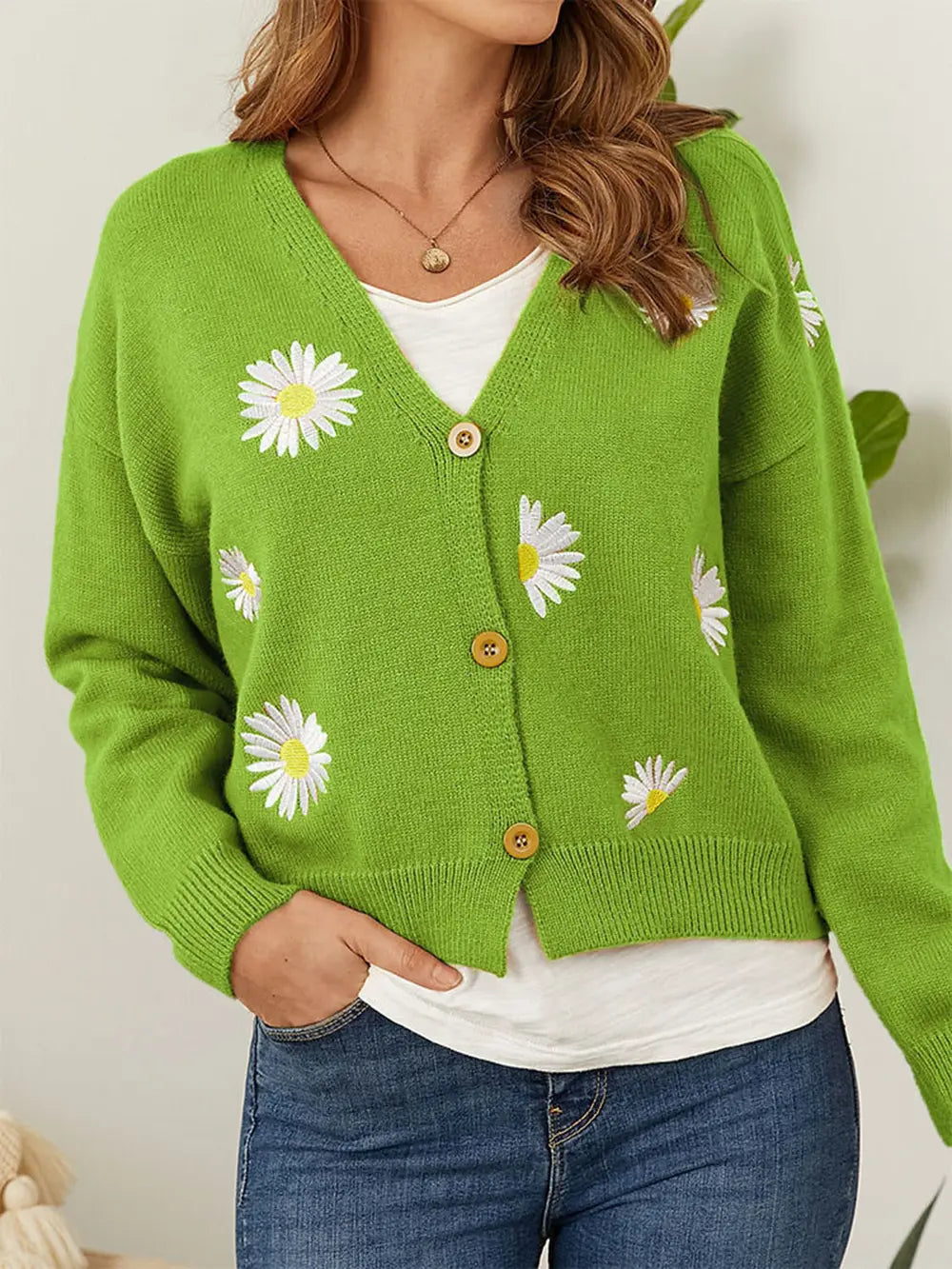 Flower Button Front Dropped Shoulder Cardigan 