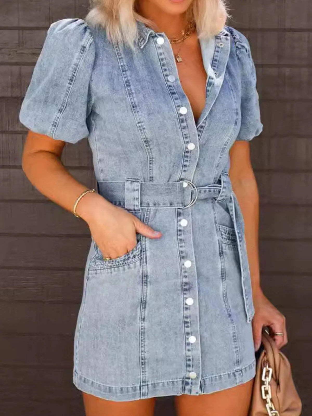 Button-Up Puff Sleeve Denim Shirt Dress 