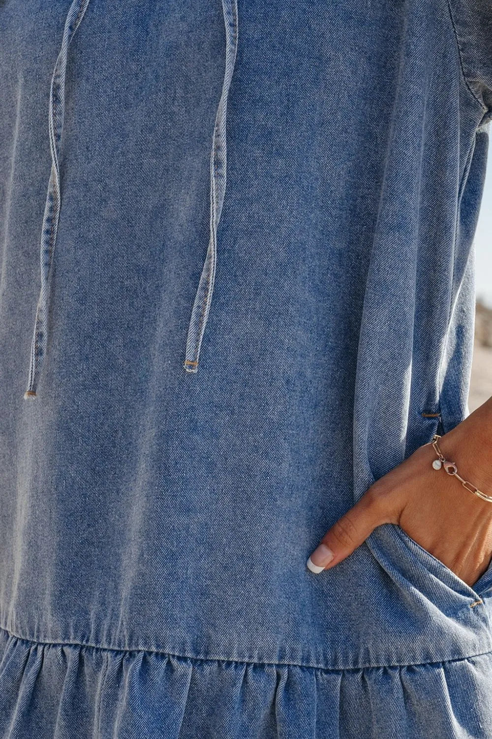 Ruffled Side Pockets Puff Sleeve Denim Mini Dress 
