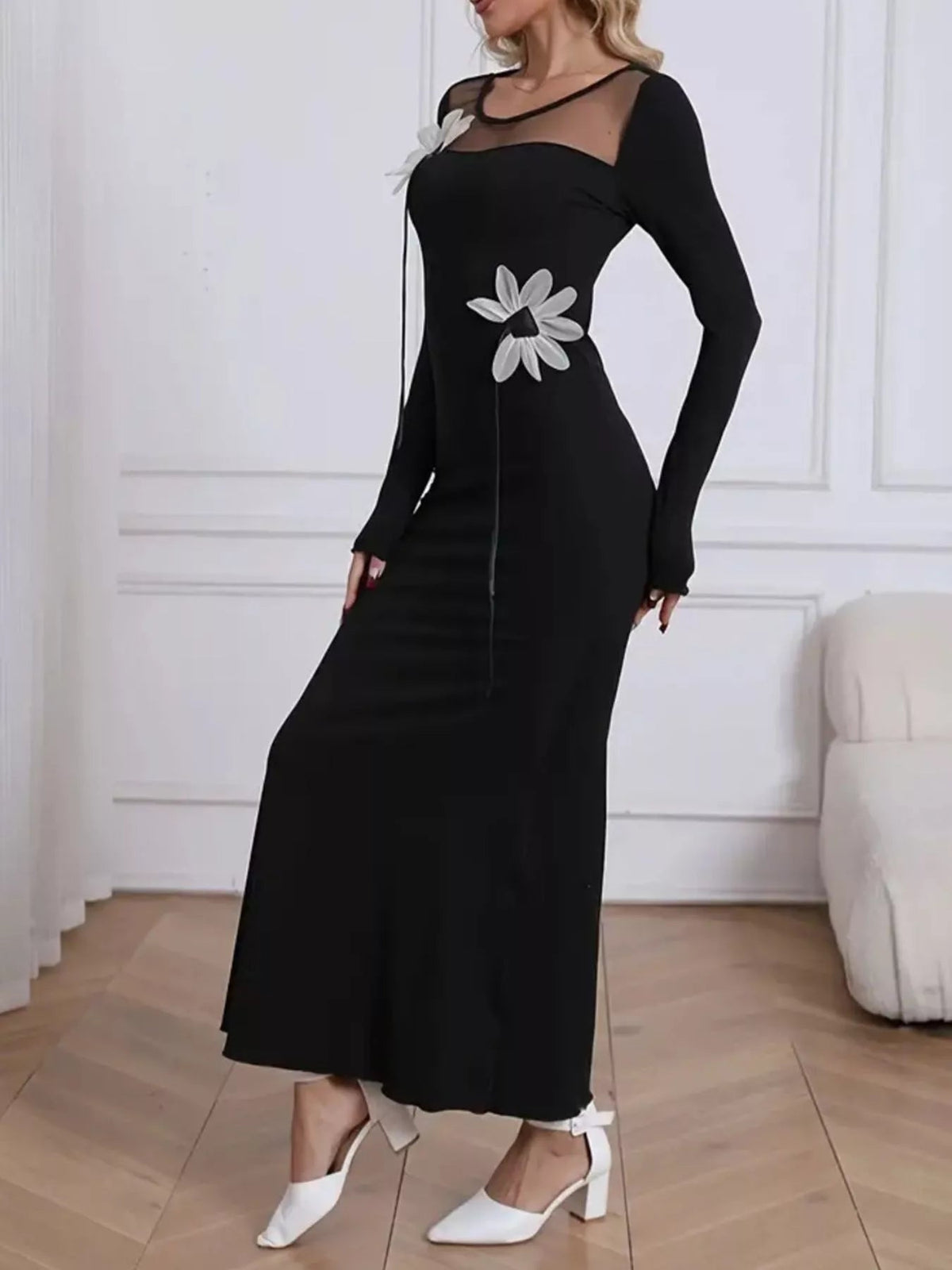 Mesh Panel Long Sleeve Maxi Dress 