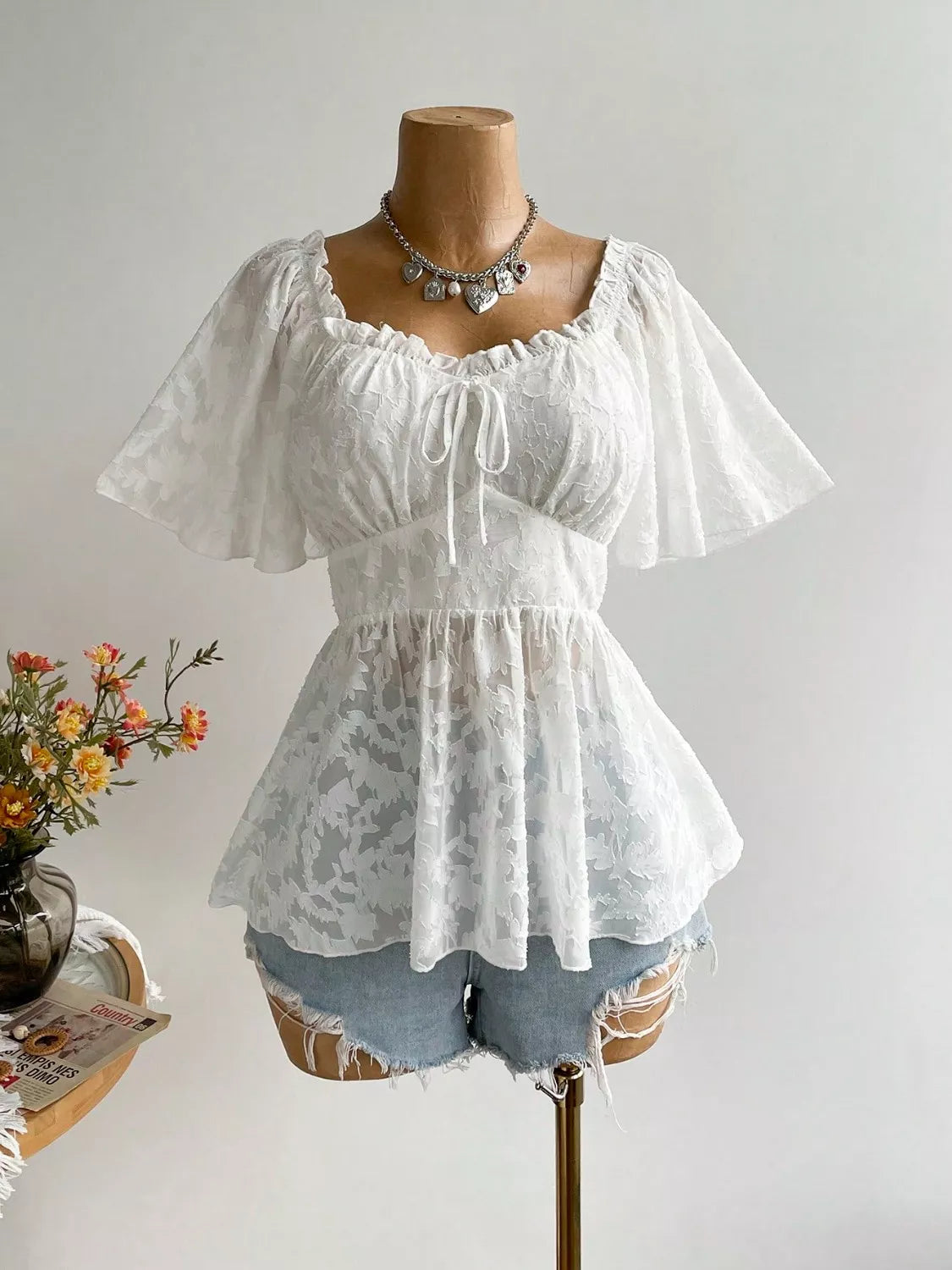 Plus Size Floral Flutter Sleeve Blouse with Smocked Back 