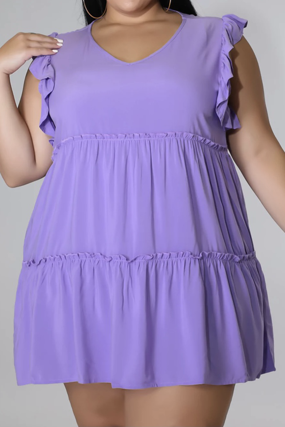 Plus Size V-Neck Frill Trim Mini Dress 