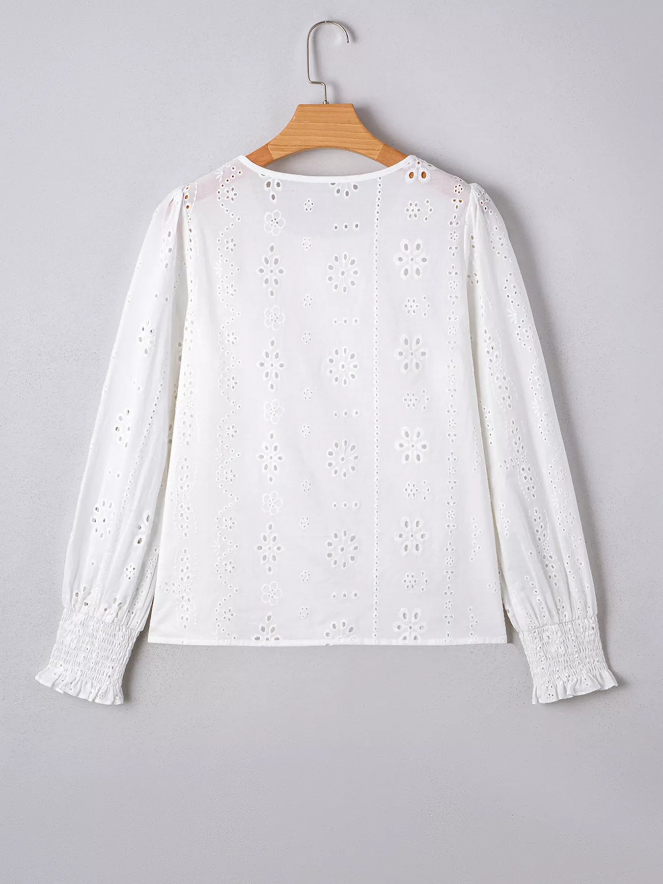 Eyelet Embroidered Smocked Cuff Sheer Blouse 