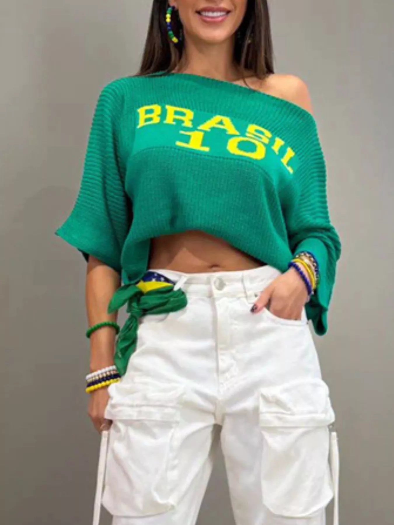Brasil Letter Boat Neck Sweater 