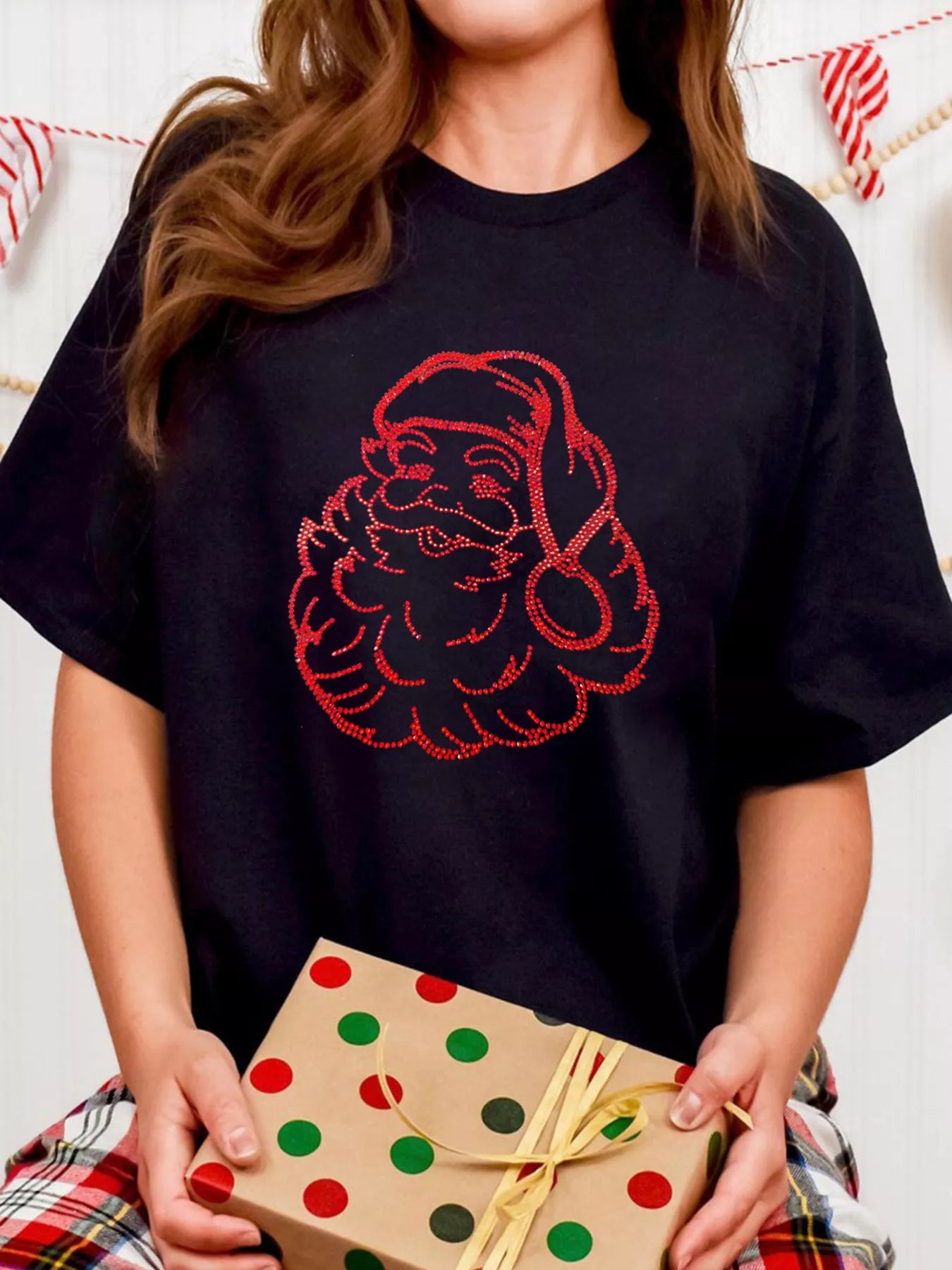 Rhinestone Santa Claus Christmas Graphic T Shirt 