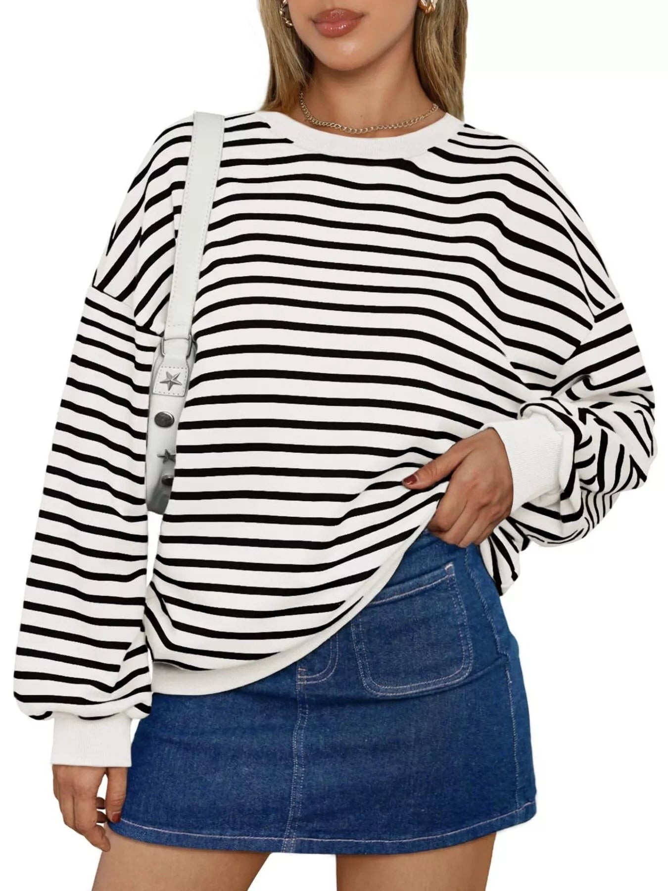 Striped Round Neck Oversized Casual Sweatshirt 