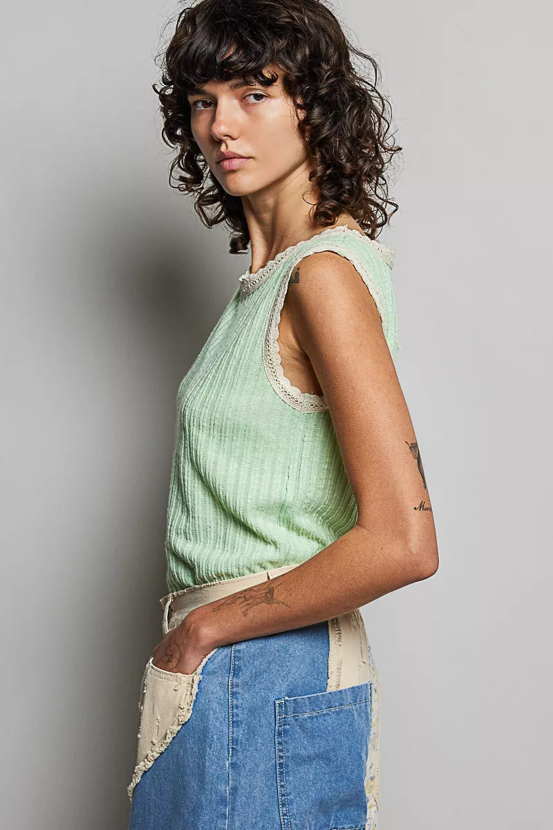 POL Ribbed Round Neck Tank with Lace Trim 