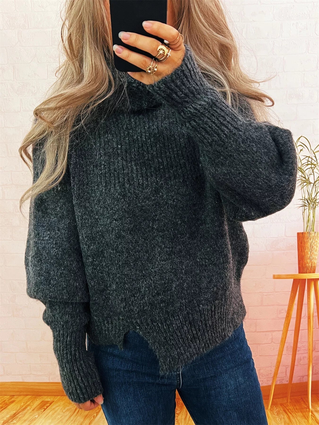 Ribbed Turtleneck Long Sleeve Sweater 
