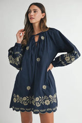 MABLE Embroidered Long Sleeve Peasant Mini Dress 