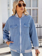 Pocketed Zip Up Baseball Collar Denim Jacket 
