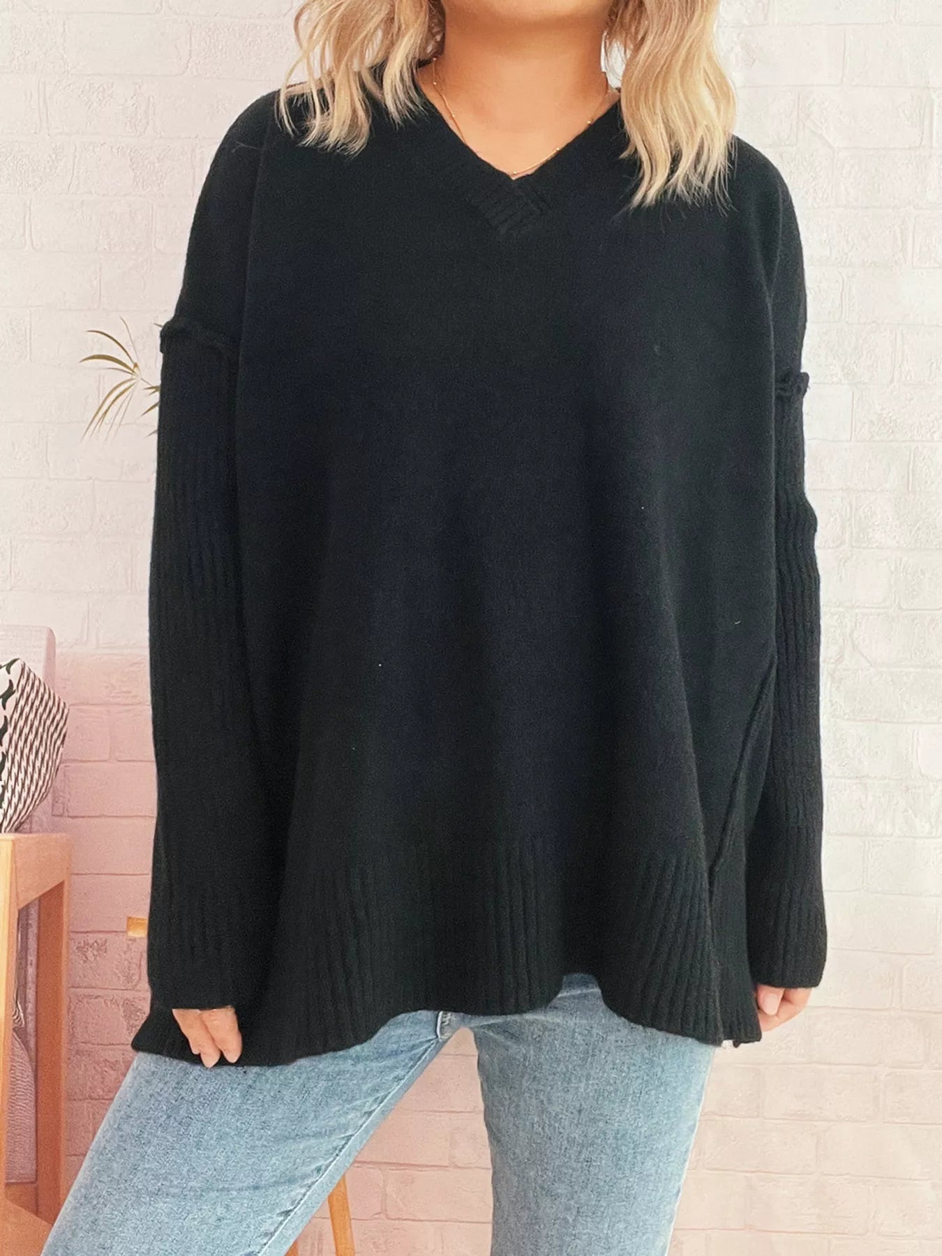 V-Neck Dropped Shoulder Sweater 