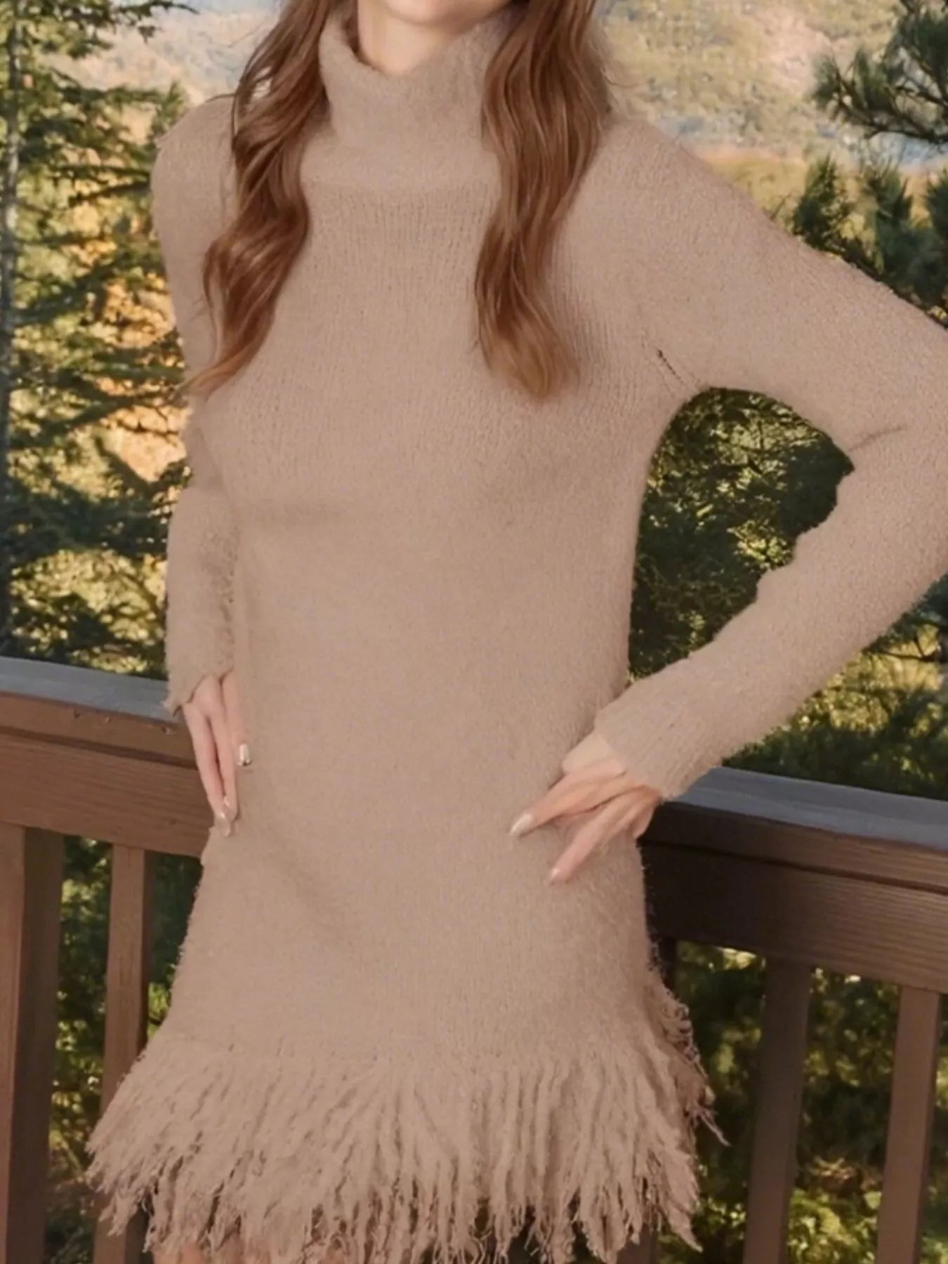 Fringe Turtleneck Long Sleeve Sweater Dress 
