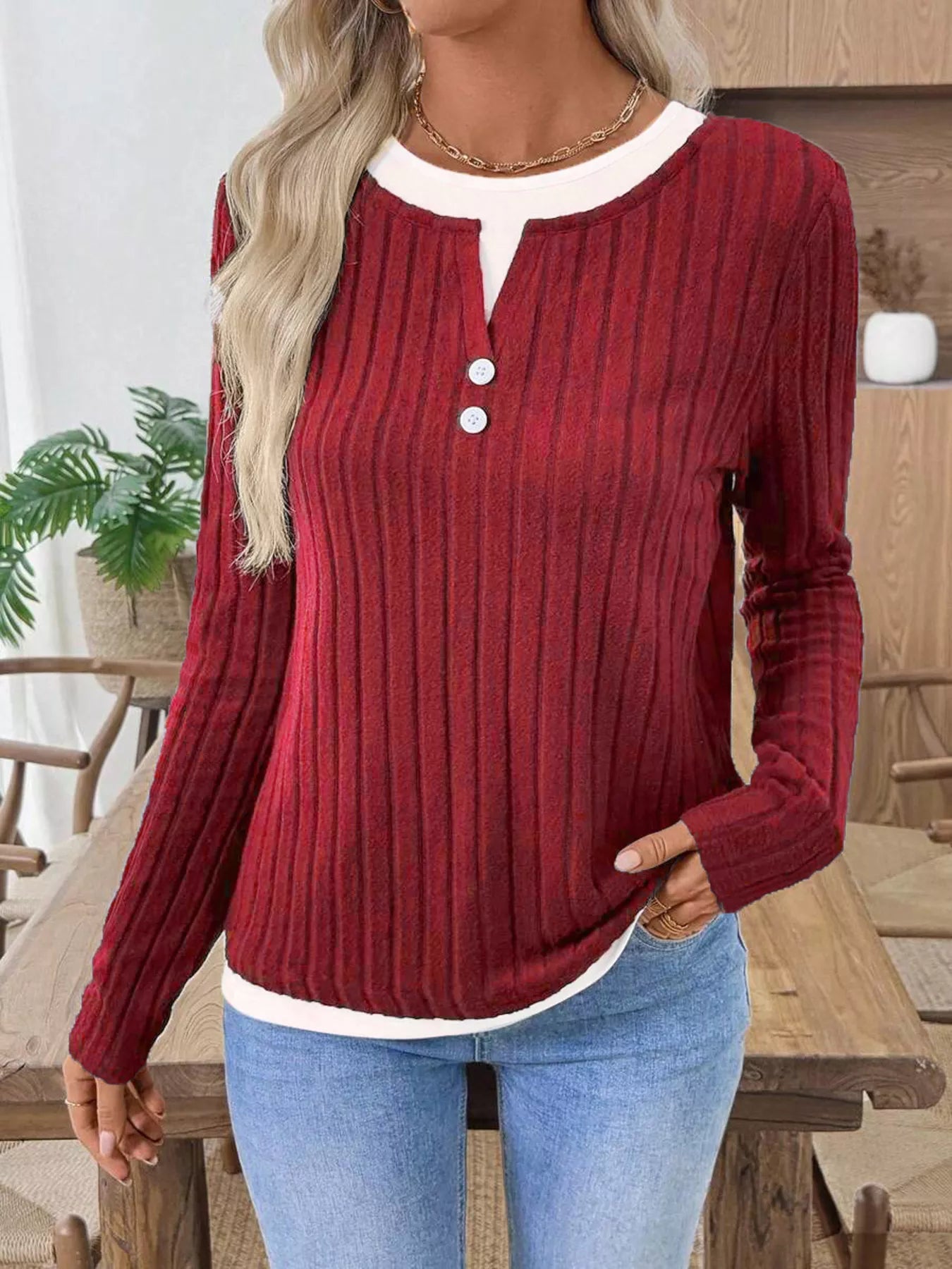 Ribbed Knit Button Detail Contrast Sweater 