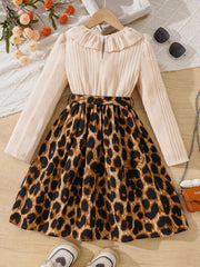 Children's Leopard Print Ruffle Collar Long Sleeve Dress 