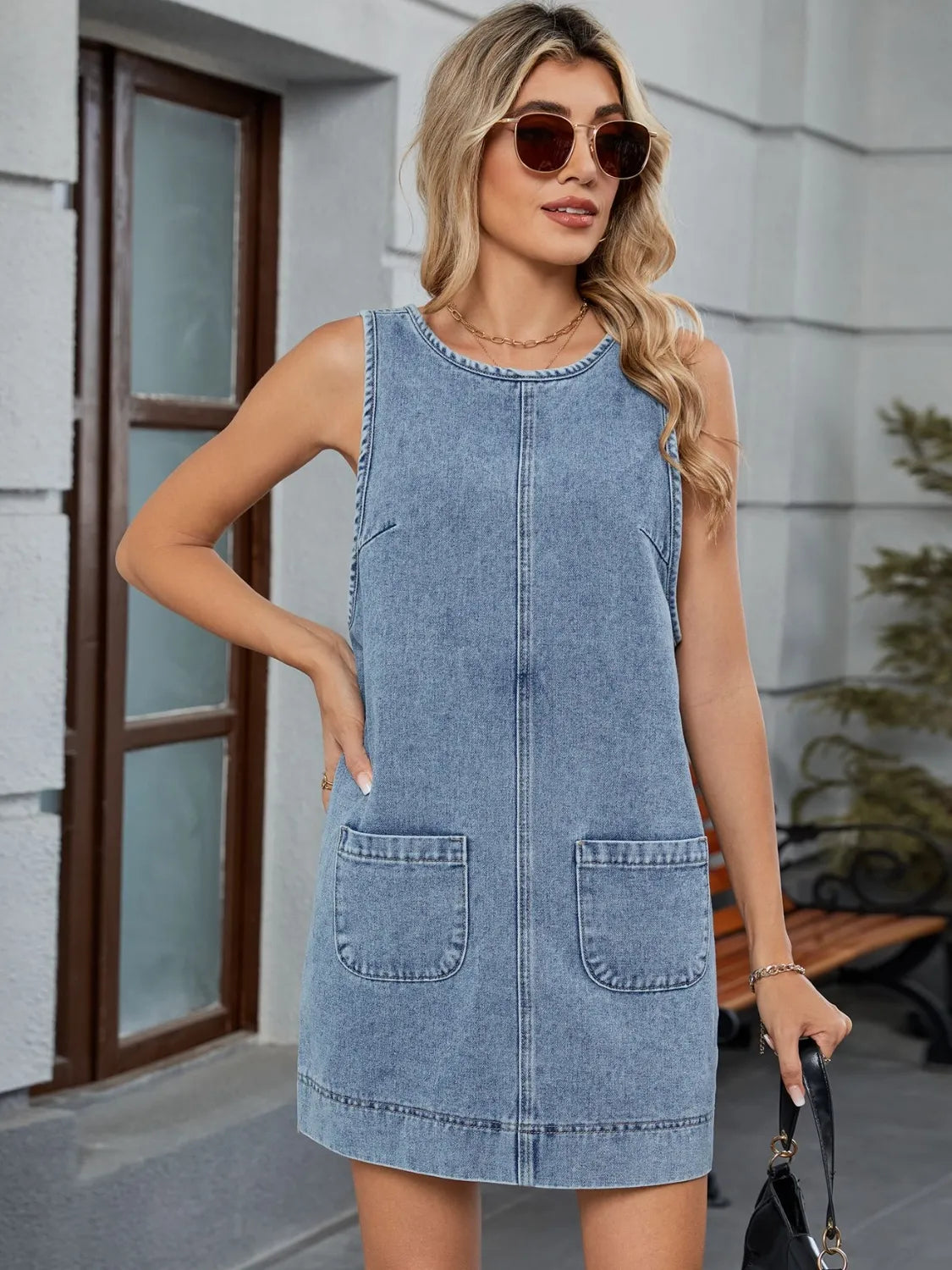 Round Neck Denim Overall Dress 