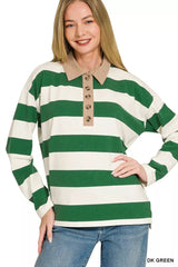 Zenana Striped Contrast Collar Polo Top 