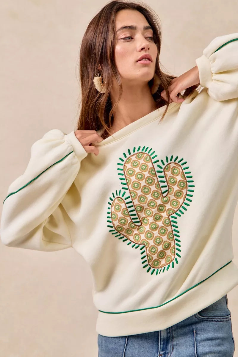 BiBi Cactus Embroidered Fleece Sweatshirt 