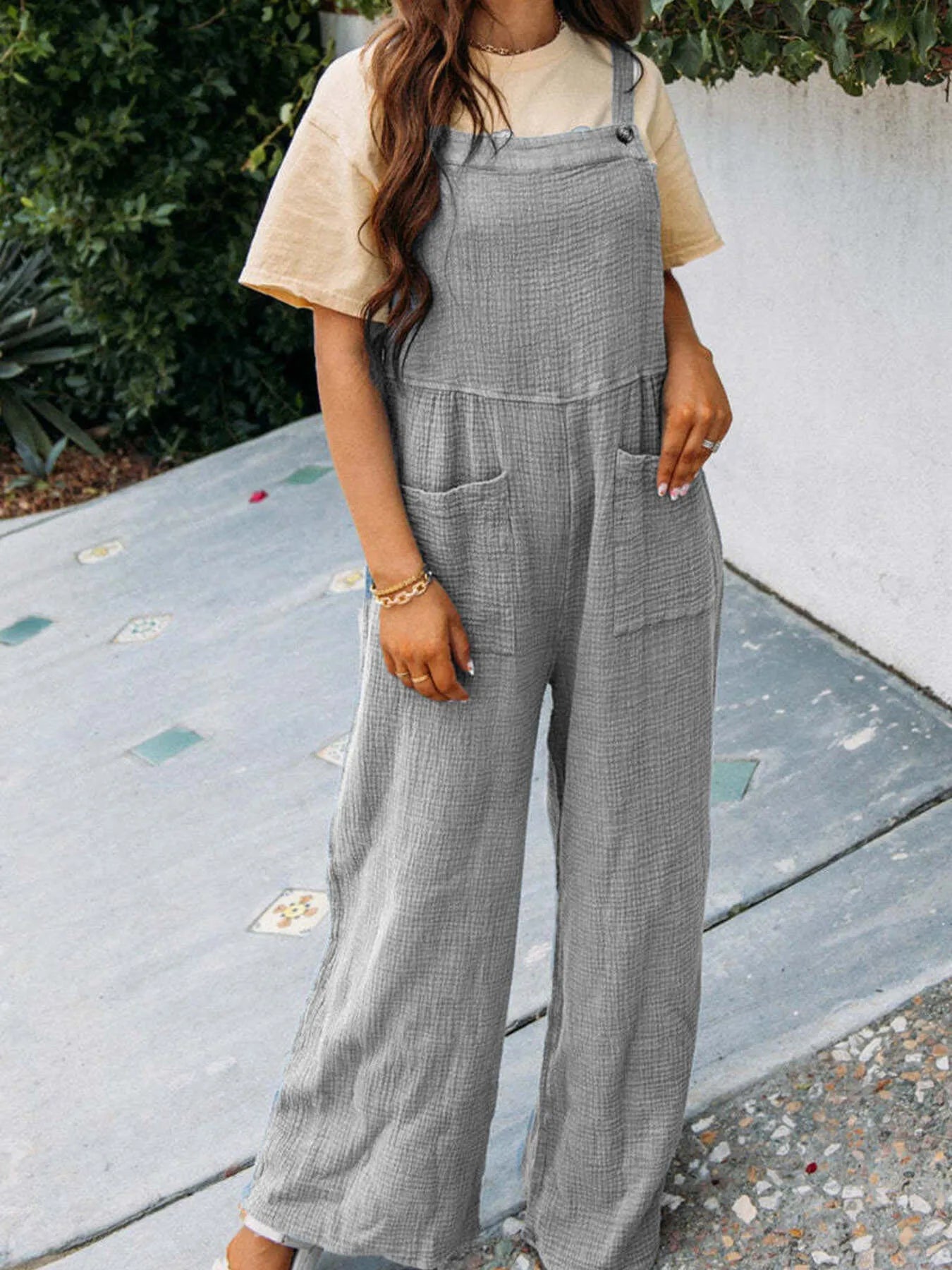 Full Size Casual Wide Leg Textured Overalls Plus Size 