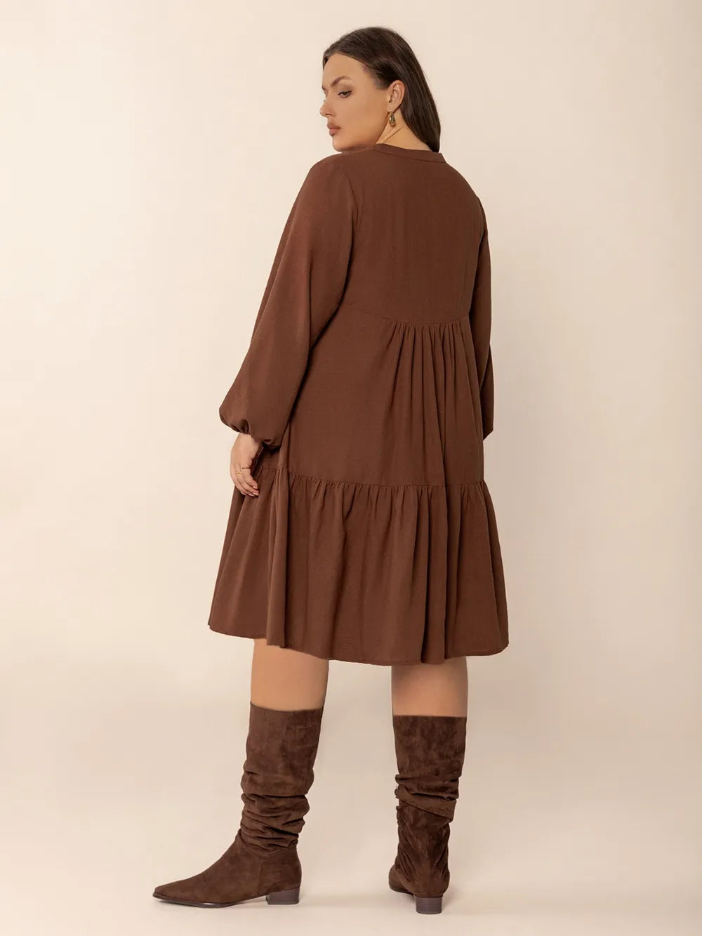 Plus Size Tie Neck Balloon Sleeve Tiered Dress 