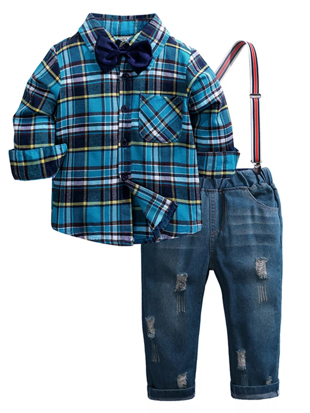 Children's Plaid Shirt & Distressed Jeans with Suspenders Set 