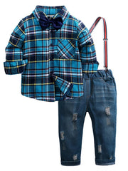 Children's Plaid Shirt & Distressed Jeans with Suspenders Set 