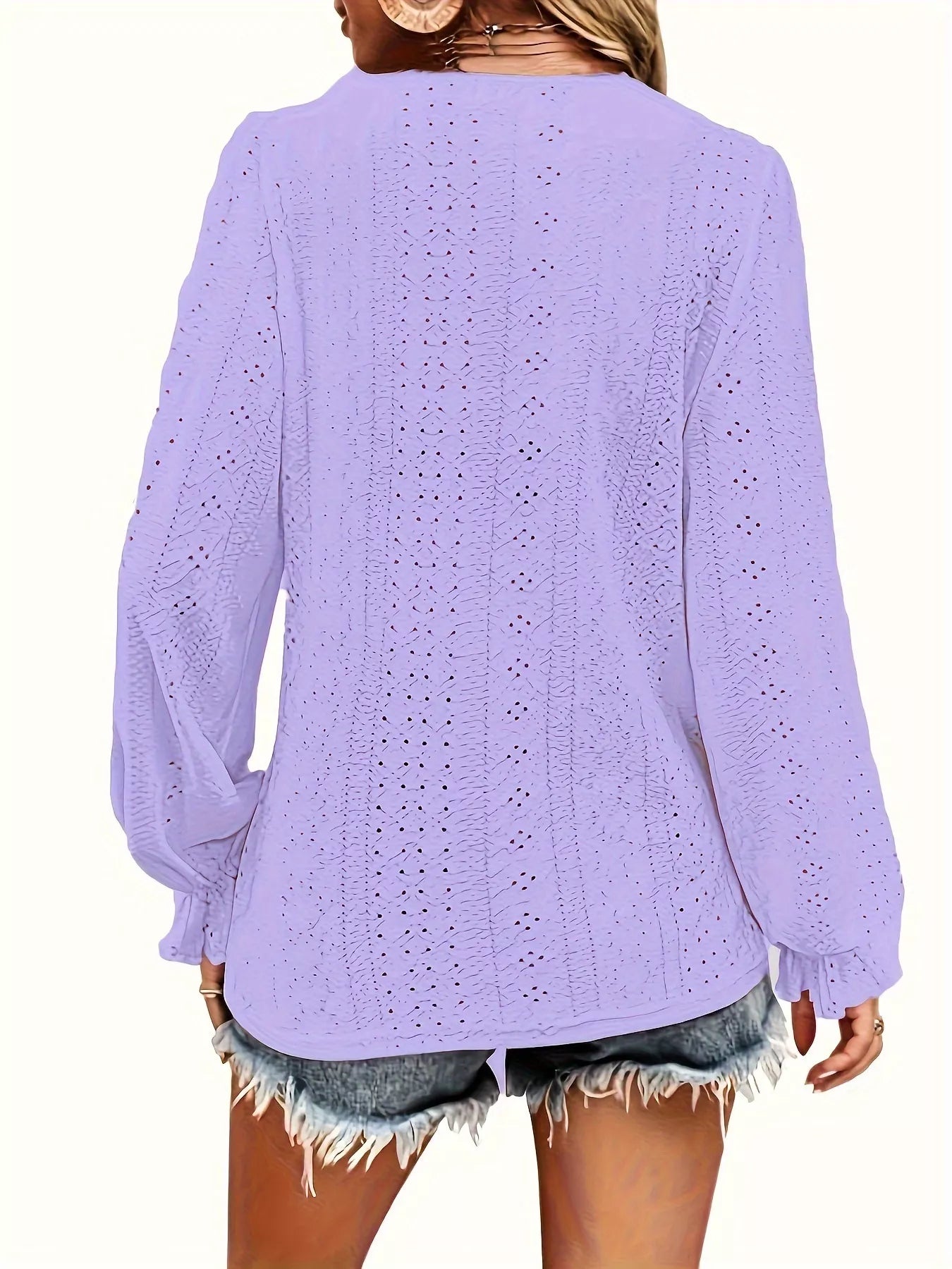 Plus Size Eyelet V-Neck Flounce Sleeve Blouse 