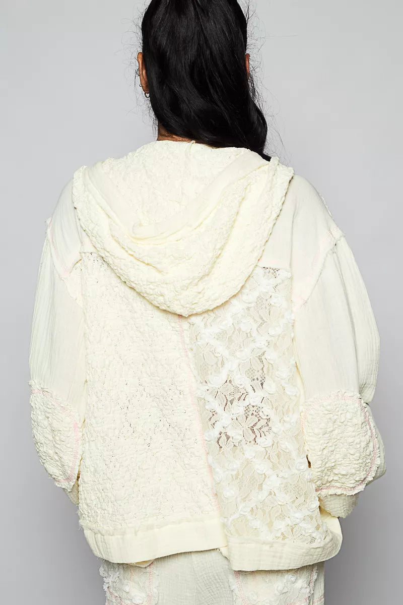POL Exposed Seam Button Down Hooded Jacket with Lace Detail 
