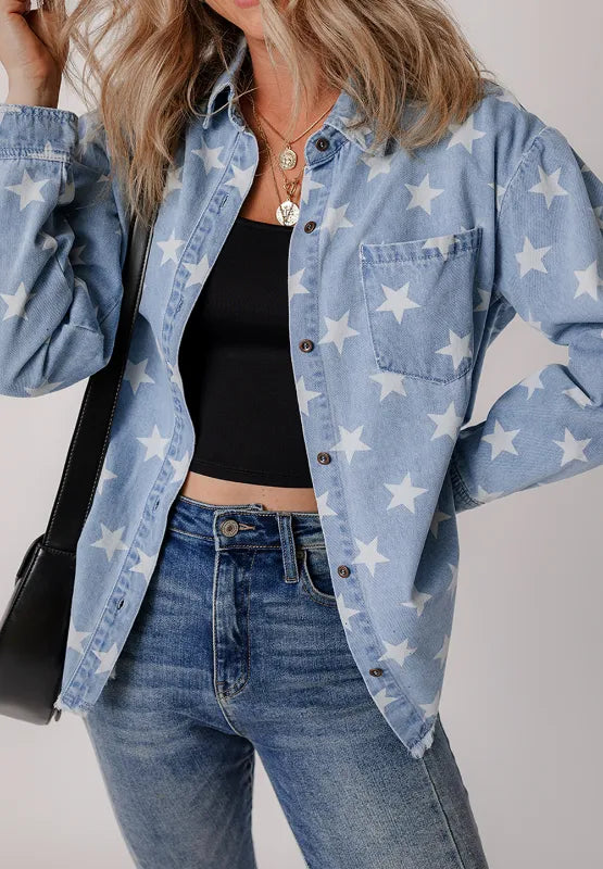 Raw Hem Star Collared Neck Denim Top 